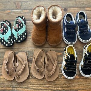 6 pair of toddler shoes. Rainbows, Vans, Reef and Uggs.